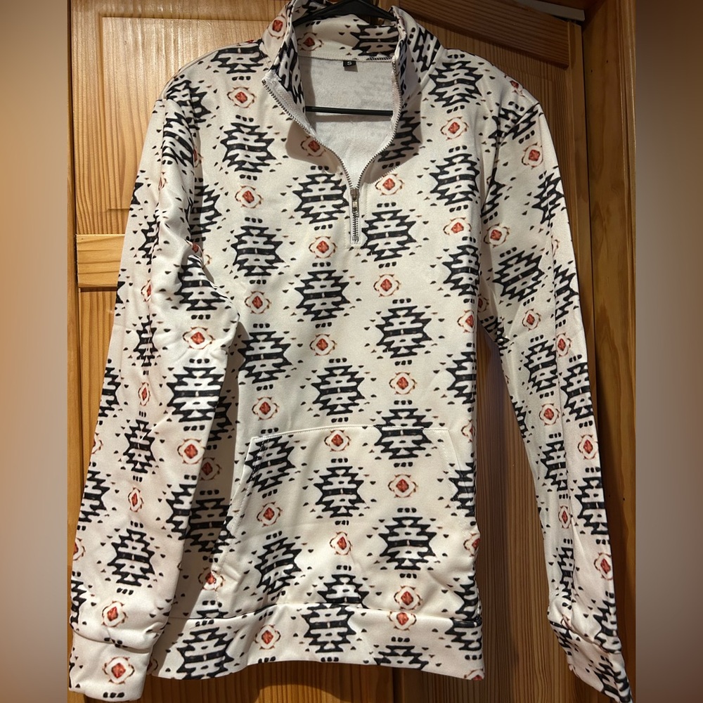 White Aztec Print Pullover Half Zip Sweatshirt